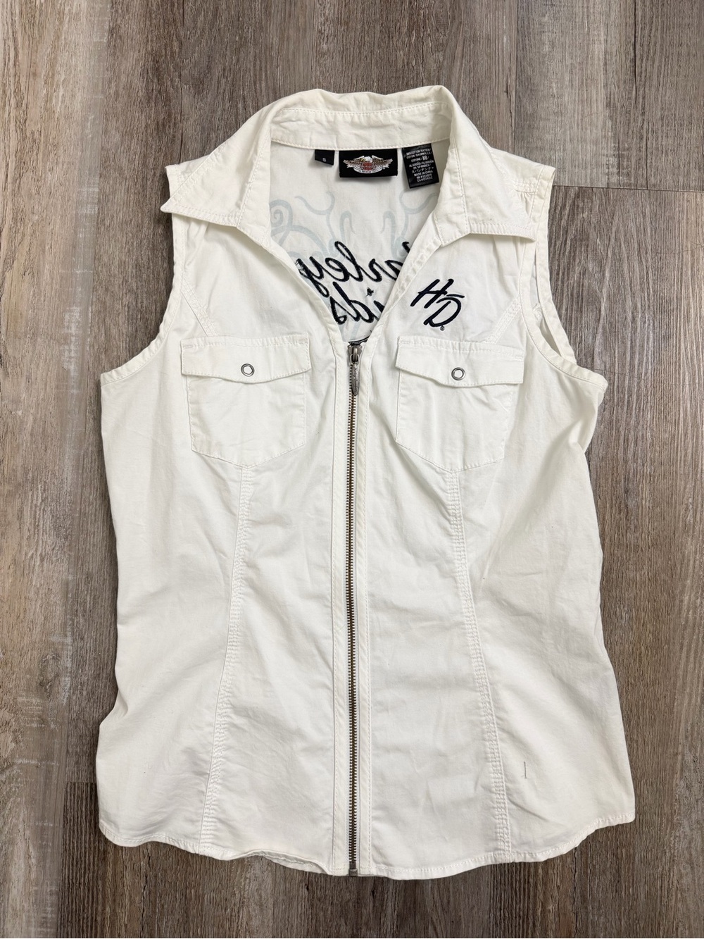 Harley Davidson Women’s White Denim Motorcycle Vest, Size Small Vintage Y2K